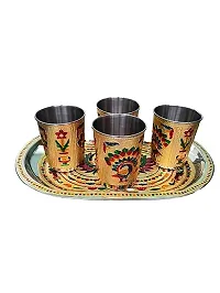 Kailash Enterprises Stainless Steel Golden Meenakari Peacock Design 4 Glass with 1 Tray Handicraft Decorative Set for Kitchen and Dinning Drinking-Water Tray Glass Set-thumb1