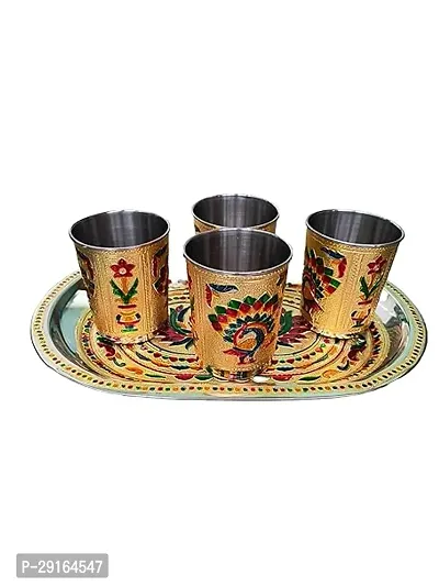 Kailash Enterprises Stainless Steel Golden Meenakari Peacock Design 4 Glass with 1 Tray Handicraft Decorative Set for Kitchen and Dinning Drinking-Water Tray Glass Set-thumb2