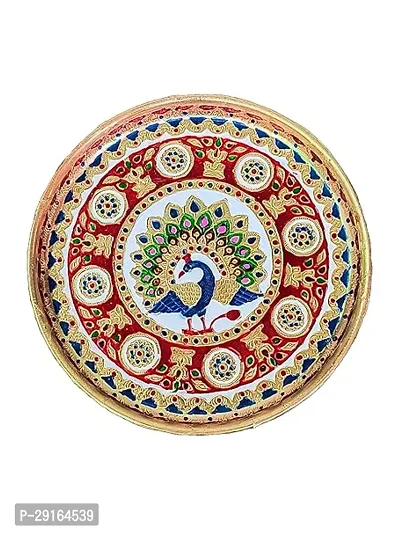 Meenakari Pooja Thali for Festival Ethnic Puja Thali Gift for Dhan Teras Gift, Diwali, Home, Temple, Office, KarwaChauth- Auspicious Peacock Design  w - 28 cm, Multicolor-thumb3