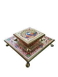 Kailash Enterprises Minakari Pooja Chowki   Wooden Bajot - Set of 2  6 Inchand 10 Inch Golden  - for Pooja, Home Decor and Festivals-thumb1