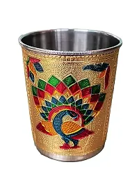 Kailash Enterprises Stainless Steel Golden Meenakari Peacock Design 4 Glass with 1 Tray Handicraft Decorative Set for Kitchen and Dinning Drinking-Water Tray Glass Set-thumb2