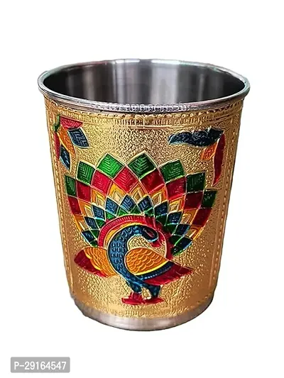 Kailash Enterprises Stainless Steel Golden Meenakari Peacock Design 4 Glass with 1 Tray Handicraft Decorative Set for Kitchen and Dinning Drinking-Water Tray Glass Set-thumb3