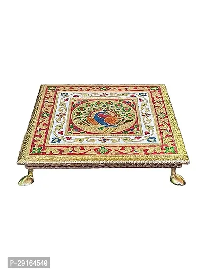 Kailash Enterprises Minakari Pooja Chowki   Wooden Bajot -  10 x 10 Inch Golden  - for Pooja, Home Decor and Festivals  Pack of 1-thumb3