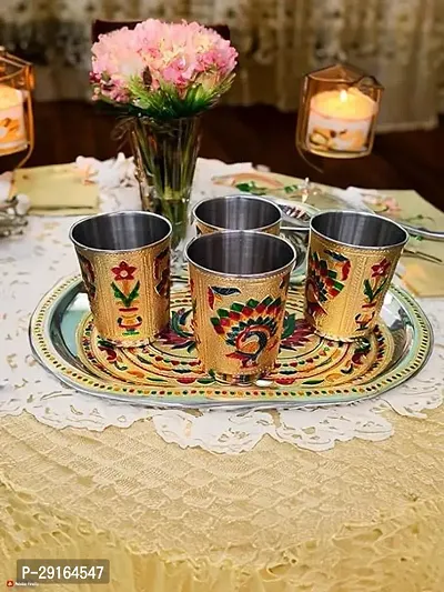 Kailash Enterprises Stainless Steel Golden Meenakari Peacock Design 4 Glass with 1 Tray Handicraft Decorative Set for Kitchen and Dinning Drinking-Water Tray Glass Set