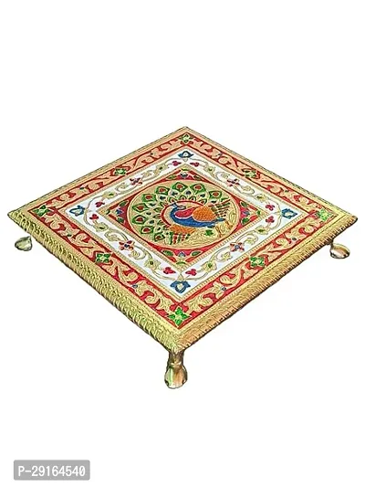 Kailash Enterprises Minakari Pooja Chowki   Wooden Bajot -  10 x 10 Inch Golden  - for Pooja, Home Decor and Festivals  Pack of 1