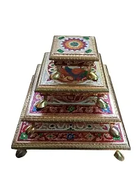 Kailash Enterprises Minakari Pooja Chowki   Wooden Bajot - Set of 3  4 Inch, 6 Inchand 8 Inch Golden  - for Pooja, Home Decor and Festivals-thumb3