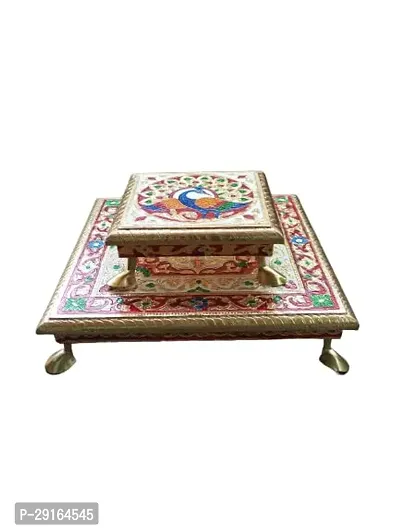 Kailash Enterprises Minakari Pooja Chowki   Wooden Bajot - Set of 2  6 Inchand 10 Inch Golden  - for Pooja, Home Decor and Festivals-thumb0