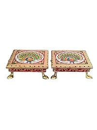 Kailash Enterprises Meenakari Pooja Chowki   Wooden Bajot - Set of 2  6 x 6 Inch Golden  - for Pooja, Home Decor and Festivals-thumb1