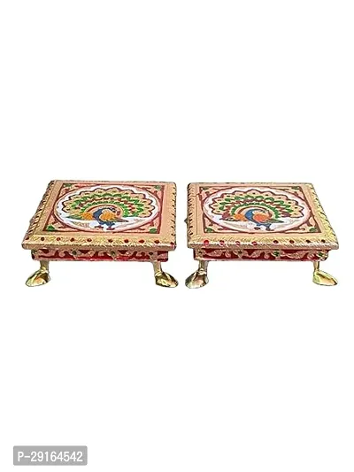 Kailash Enterprises Meenakari Pooja Chowki   Wooden Bajot - Set of 2  6 x 6 Inch Golden  - for Pooja, Home Decor and Festivals-thumb2