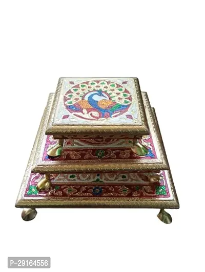 Kailash Enterprises Minakari Pooja Chowki   Wooden Bajot - Set of 3  6 Inch, 8 Inchand 10 Inch Golden  - for Pooja, Home Decor and Festivals-thumb4