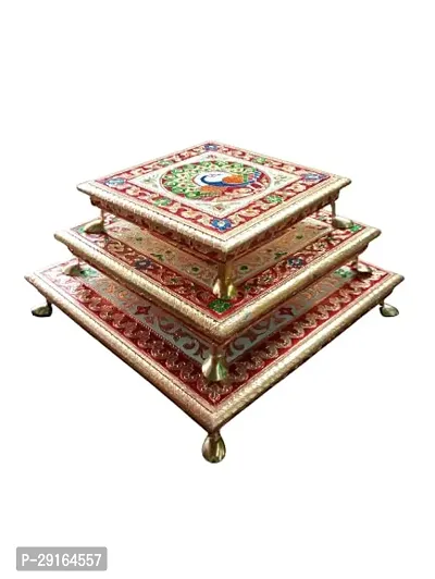 Kailash Enterprises Minakari Pooja Chowki   Wooden Bajot - Set of 3  8 Inch, 10 Inch and 12 Inch Golden  - for Pooja, Home Decor and Festivals