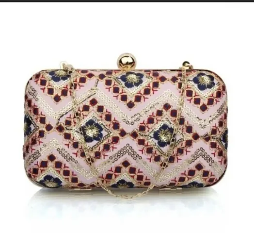 Regular Size Embroidered Multicolored Silk Clutch for Women