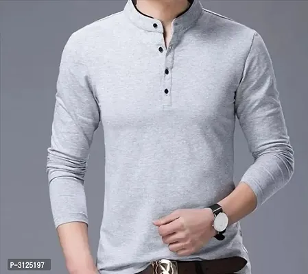 Reliable Grey Cotton Solid Mandarin Tees For Men