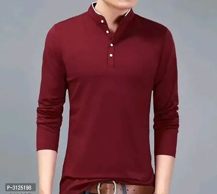 Reliable Maroon Cotton Solid Mandarin Tees For Men