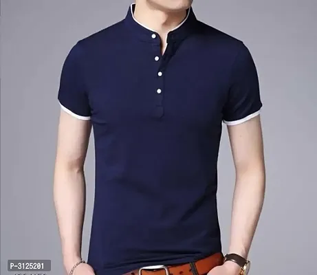 Reliable Blue Cotton Solid Mandarin Tees For Men
