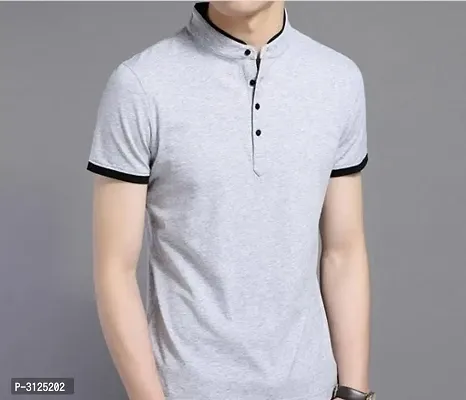Reliable Grey Cotton Solid Mandarin Tees For Men-thumb0