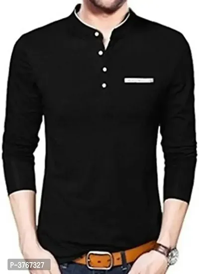 Reliable Black Cotton Solid Mandarin Tees For Men