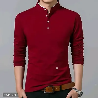 Reliable Maroon Cotton Solid Mandarin Tees For Men-thumb0