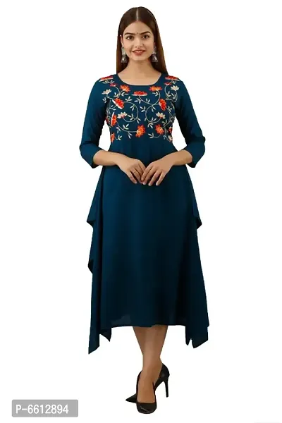 Beautiful Rayon Embroidered Asymmetric Blue Kurta For Women-thumb0