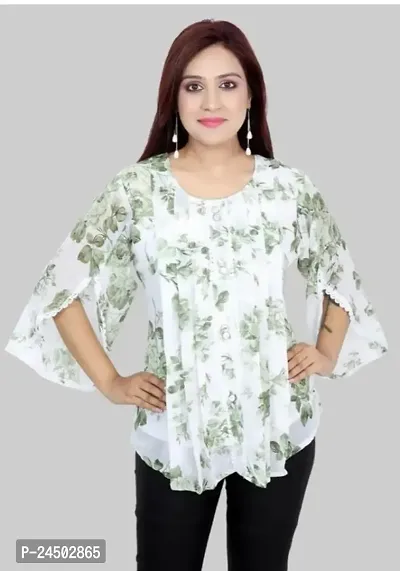 Plegridy Women's Printed Georgette Flared Sleeve Round Neck Causal Wear Designer Tunic Top (B-C-2010241)-thumb4