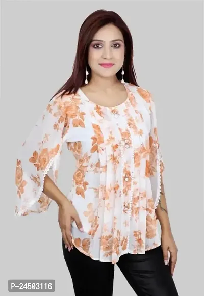 Plegridy Women's Printed Georgette Flared Sleeve Round Neck Causal Wear Designer Tunic Top (B-C-2010241)-thumb5