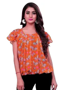 Plegridy Women's Printed Georgette Short Flared Sleeve Round Neck Causal Wear Designer Tunic Top (B-C-2010338)-thumb1