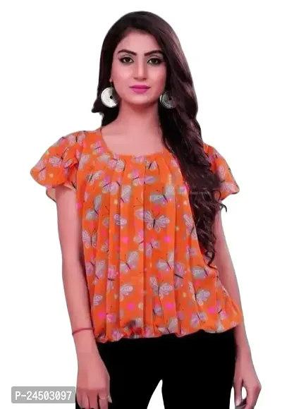 Plegridy Women's Printed Georgette Short Flared Sleeve Round Neck Causal Wear Designer Tunic Top (B-C-2010338)-thumb2