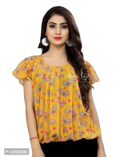 Plegridy Women's Printed Georgette Short Flared Sleeve Round Neck Causal Wear Designer Tunic Top (B-C-2010338)-thumb5