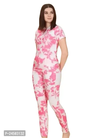 Plegridy Women Printed Cotton Lycra Tie-Dye Lounge Wear Comfortable Night Top and Pyjama Set (AG_S_565)