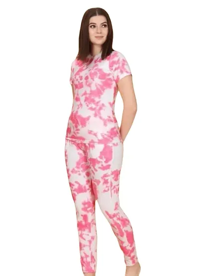 Plegridy Women Printed Cotton Lycra Tie-Dye Lounge Wear Comfortable Night Top and Pyjama Set (AG_S_565)