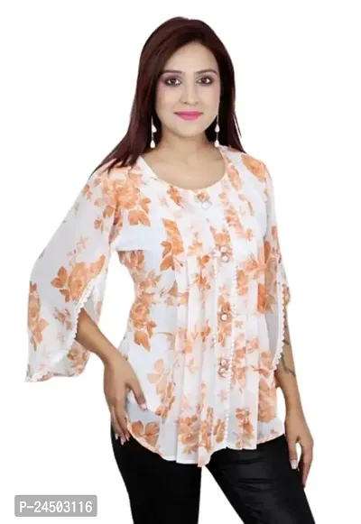 Plegridy Women's Printed Georgette Flared Sleeve Round Neck Causal Wear Designer Tunic Top (B-C-2010241)