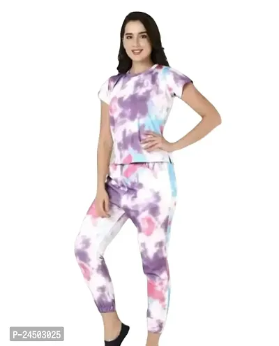 Plegridy Women Printed Cotton Lycra Tie-Dye Lounge Wear Comfortable Night Top and Pyjama Set (AG_S_565)-thumb0