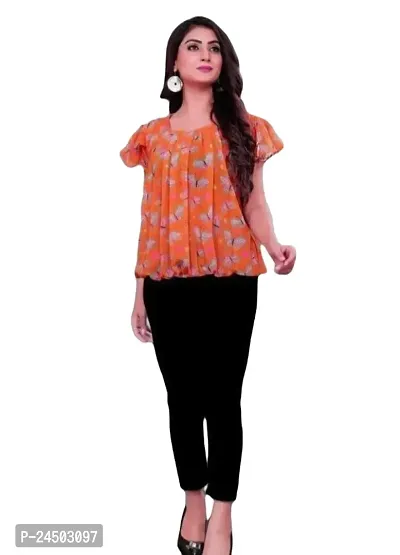 Plegridy Women's Printed Georgette Short Flared Sleeve Round Neck Causal Wear Designer Tunic Top (B-C-2010338)-thumb0