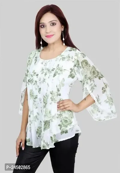 Plegridy Women's Printed Georgette Flared Sleeve Round Neck Causal Wear Designer Tunic Top (B-C-2010241)-thumb5