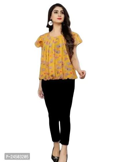 Plegridy Women's Printed Georgette Short Flared Sleeve Round Neck Causal Wear Designer Tunic Top (B-C-2010338)-thumb0