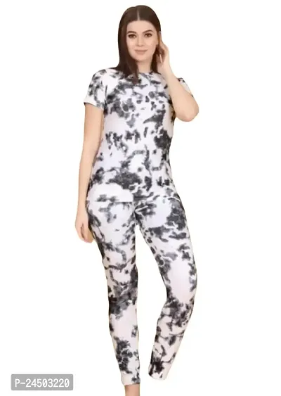 Plegridy Women Printed Cotton Lycra Tie-Dye Lounge Wear Comfortable Night Top and Pyjama Set (AG_S_565)