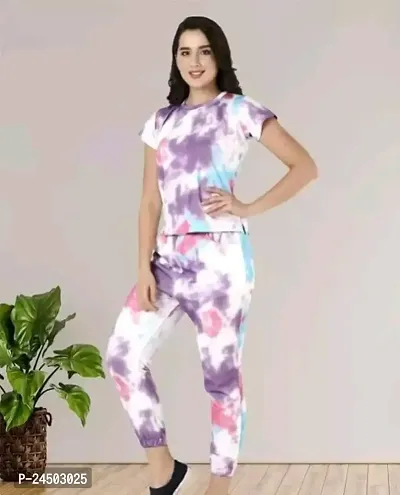 Plegridy Women Printed Cotton Lycra Tie-Dye Lounge Wear Comfortable Night Top and Pyjama Set (AG_S_565)-thumb2