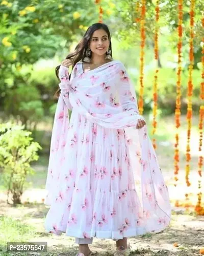 women georgatte printed new letest gown with dupatta-thumb0