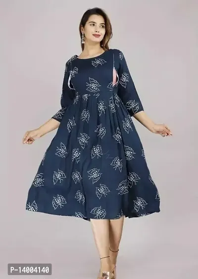 Elegant Navy Blue Printed Rayon Kurta For Women-thumb0