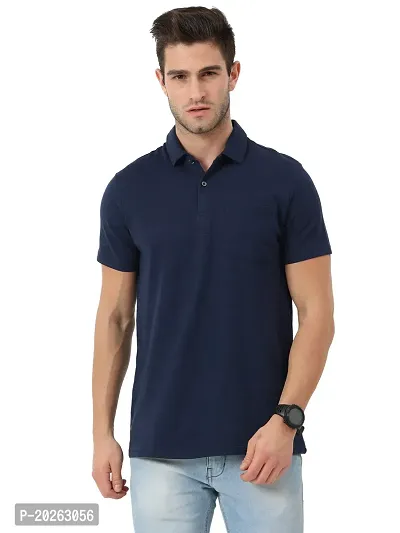 ECOLINE Clothing Mens Casual Cotton Solid Polo Neck Half Sleeve Pocket T-Shirt (Navy, XS)-thumb0