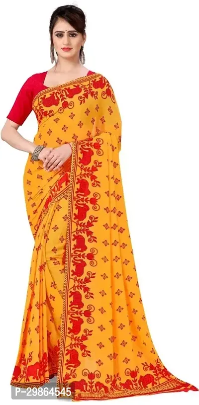 Stylish Georgette Yellow Printed Saree With Blouse Piece For Women-thumb0