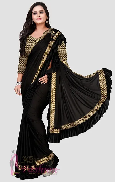 3Buddy Fashion Womens Solid Lycra Frill Ready to Wear Trending Saree with Jacquard Lace Border and Blouse Piece