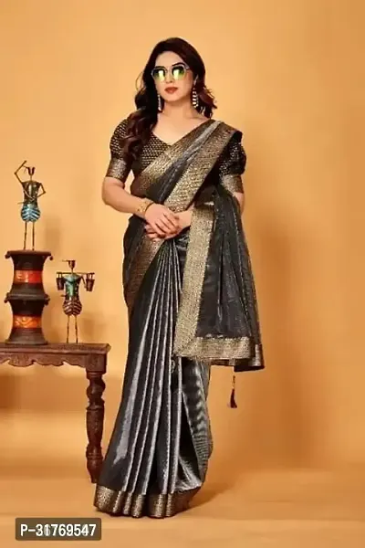 Stylish Lycra Grey Woven Design Saree with Blouse piece For Women