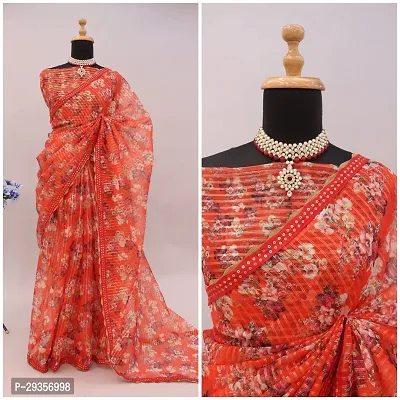 Stylish Organza Orange Printed Saree With Blouse Piece For Women