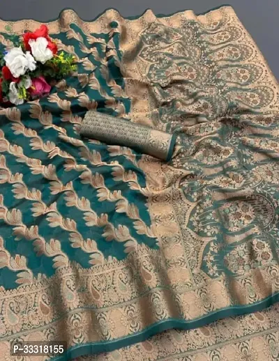 Beautiful Organza Green Woven Design  Saree with Blouse piece For Women