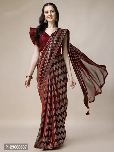 Beautiful Red Lycra Self Pattern Women Saree with Blouse piece