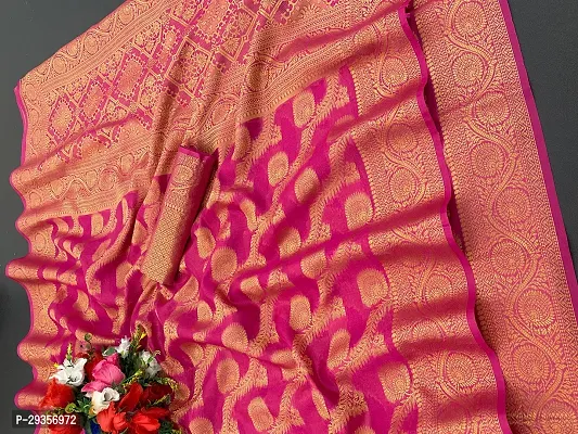 Stylish Organza Pink Woven Design Saree With Blouse Piece For Women-thumb0