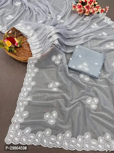 Organza Grey Self Pattern Saree With Blouse Piece For Women