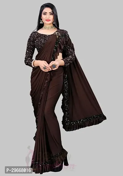 Beautiful Brown Lycra Embellished Women Saree with Blouse piece-thumb0