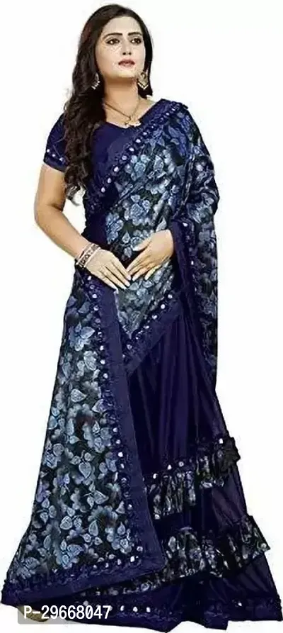 Beautiful Navy Blue Lycra Lace Border Women Saree with Blouse piece-thumb4